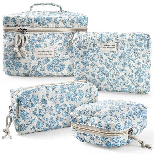 NATINSA Cute Makeup Bag for Women(2 Pcs), Travel Cosmetic Bags, Quilted Coquette Aesthetic Floral Toiletry Organizer Bag (46 - Sky Blue/4Pcs)