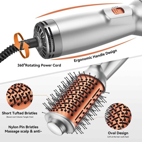 Travel Hair Dryer Brush, Dual Voltage 100–240V 4-in-1 Hot Air Brush with 3 Heat & 2 Speed Settings for Drying, Straightening, Curling & Volumizing, Mini Ionic Thermal Blow Dryer Brush for Women