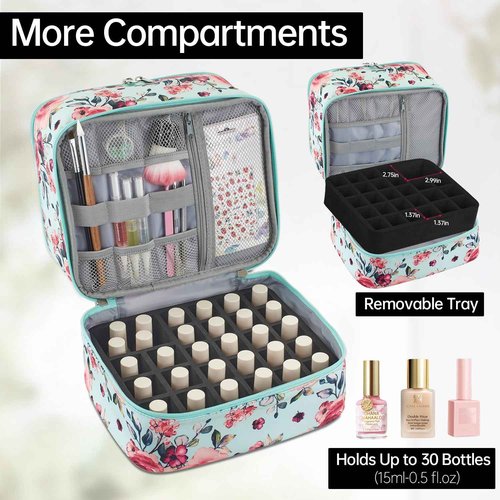 Buruis Double-Layer Nail Polish Organizer Bag, Holds 27 Bottles (15ML/0.5 FL.OZ or Larger), Nail Tools & Dryer Storage Case with Adjustable Dividers (Aqua Floral)