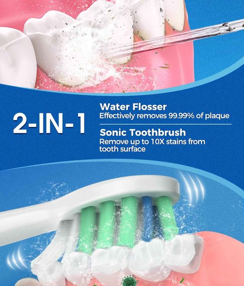 Electric Toothbrush and Water Flosser,600ML Oral Irrigator Water Flosser with 7 Jet Tips,10 Adjustable Pressure Settings,Sonic Electric Toothbrush with 2 Brush Heads,5 Modes(White)