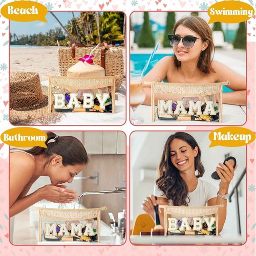 Belanttega Boho Patch Cosmetic Bag, Mother's Day MAMA BABY Chenille Varsity Letter Travel Toiletry Makeup Bag Summer Beige Clear Waterproof Makeup Pouch PVC Zipper Clutch Daily Use Purse for Mom Women