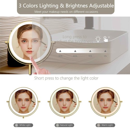 MIROAMZ 8" Lighted Makeup Mirror, 1X/10X Magnification, Double Sided Dimmable, Rechargeable & Height Adjustable, Cordless Vanity Mirror (Gold)