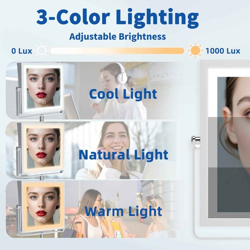 Ruacq Rechargeable Wall Mounted Makeup Mirror with Lights, Double Sided 1X/7X Magnifying Vanity Mirror with 3 Color Lighting, Touch Screen Dimmable, 360° Rotation Extension Foldable Arm(Chrome)