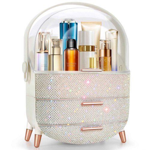 Ptesly Bling Makeup Organizer for Teen Girl Gift,Hollywood Vanity Makeup Storage Box for Girl Birthday Gift,Practical Gift for Daughter,Bathroom Organizer,Skincare Organizer (Rhinestone White)