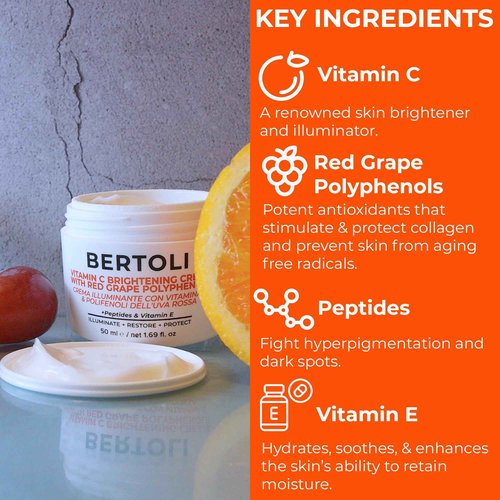 BERTOLI Brightening Cream – Polyphenol Dark Spot Face Moisturizer with Peptides, Hyaluronic Acid, Vitamin C and Grape Antioxidants, Italian Skincare Made in Italy, Clean, Natural, Vegan