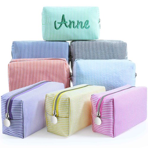 Giesiery 8 Pack Seersucker Makeup Bags - Large Capacity Travel Cosmetic Organizer for Women, Preppy Toiletry Pouch for Skincare Brushes & Beauty Accessories, Bulk Wedding Bridesmaid Gifts