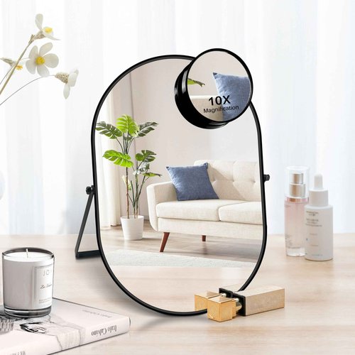 Adzyz Desk Mirror, Tabletop Vanity Mirror, 360°Adjustable Rotation Vintage Metal Framed Table Mirror with Stand and 10X Magnifying Room for Living Room, Bedroom, Tabletop, Bathroom (Black Oval)