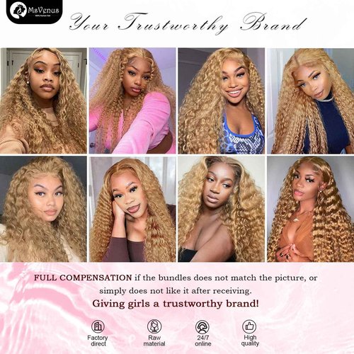 msVenus Honey Blonde Deep Wave Bundles Human Hair 12A Color #27 Blonde Curly Human Hair Bundles 16 18 20 Inch Colored Deep Wave Human Hair Extensions Double Weft Wet and Wavy Bundles