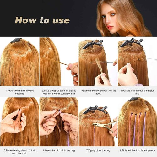 Glamordove Hair Extension Tool Kit Stainless Steel Pliers Micro Beads Remover Hook Looper Hair Gripper Sectioning Clips Wefting Sewing Salon Barber Accessories (Gold)