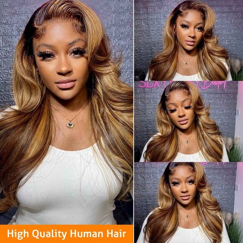 Lukymart Highlight Ombre Lace Front Wigs Human Hair 13x6 Body Wave Frontal Wigs Pre Plucked With Baby Hair 180% Density 4/27 Colored Honey Blonde Wig Human Hair for Women 24 Inch