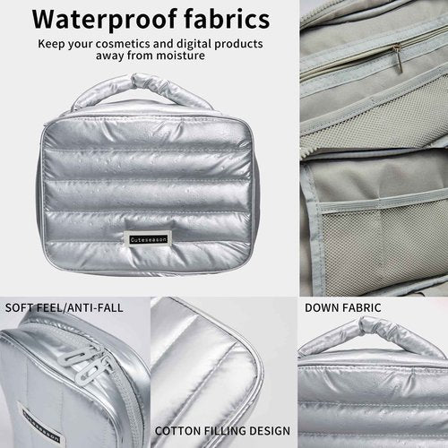 Cuteseason Shiny Puffy Makeup Bag Large Capacity Travel Water-proof Toiletry Bag Drop-proof Digital Product Organizer (Purple, L and M)