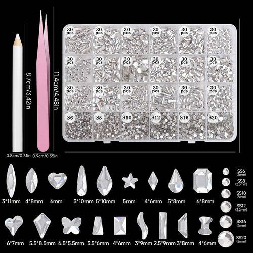 White Nail Art Rhinestones Kit, Multi Shapes Sizes Crystal Flatback Nail Gems Half Round Rhinestones for Nails, White Gems Crystals Rhinestone for Nails Art DIY Supplies Craft