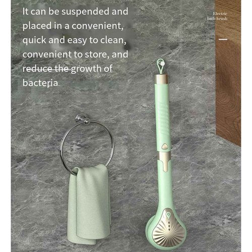 Rechargeable Electric Back Scrubber Body Brush with 3 Gears Multifunctional Shower Bathing Tool, Detachable Long Handle & 6 Brush Heads for Complete Shower Use - Light Green
