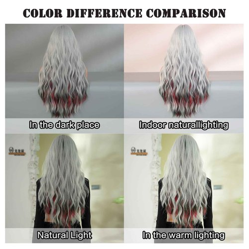 7JHH WIGS Long Curly Red Green Highlight Christmas Siler White Wigs Natural Heat Resistant Fibre Wet Wave Grey White Ombre Women Wigs for Holiday Festival Christmas Daily Party Daily Used