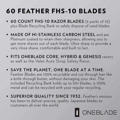 60 Feather FHS-10 Japanese Steel Razor Blades - Refill for OneBlade Core, Hybrid, & Genesis Razors - Single Blade Razor