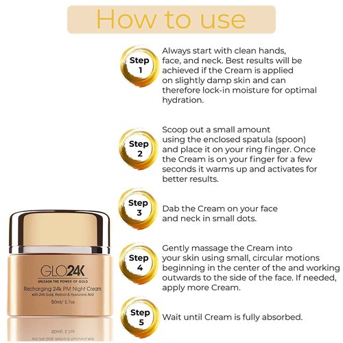 GLO24K Exfoliating Facial Cleanser & Night Cream with 24k Gold, Retinol, and Aloe Vera. Optimize your Daily Beauty Routine.