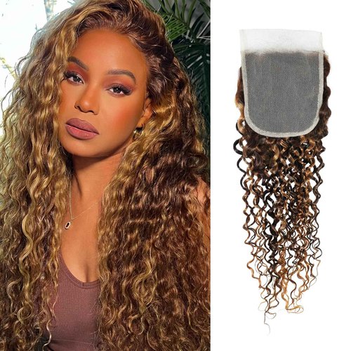 ALHER Water Wave Honey Blonde Highlight 4x4 Closure 18 Inch, 12A P4/27 Honey Brown Ombre Colored Wet and Wavy Free Part Melt 4x4 Lace Closure 100% Virgin Remy Human Hair Pre Plucked with Baby Hair