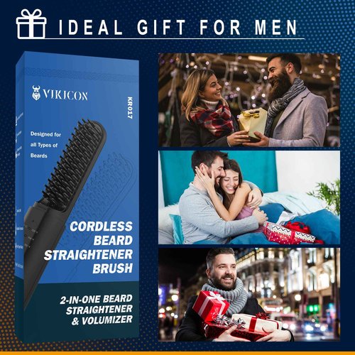 VIKICON Father's Day Gift Set for Men with Beard Hair Straightener & Heat Protectant Spray, Mini & Auto Shut Off Cordless Beard Brush