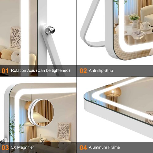 Hasipu Vanity Mirror with Lights, 16" x 12" LED Makeup Mirror, 3 Modes Light, Smart Touch Control Dimmable, 360°Rotation, Rectangle White Frame, with 5X Magnifying Glass