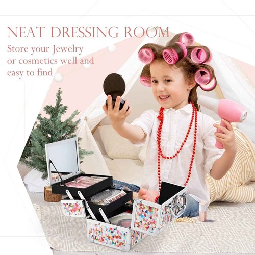 Joligrace Makeup Train Case for Girls Cosmetic Box Kids Jewelry Organizer Hair Accessories Mosaic Orange