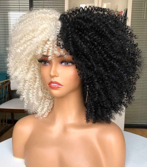 CURLCRAZY Curly Wig with Bangs for Black Women Short Kinky Curly Wig 14inch Afro Hair Halloween Party Christmas Cosplay Wigs (F1B/60)