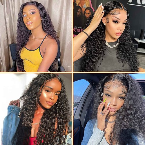 Edwad 13x4 Deep Wave Lace Front Wigs Human Hair Pre Plucked,180 Density HD Transparent Lace-100% Unprocessed Brazilian Virgin Human Hair for Black Women Natural Color