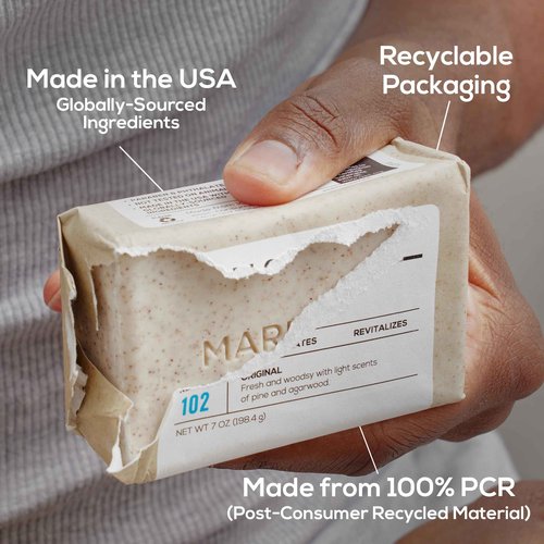 MARLOWE. No. 102 Body Scrub Soap 7 oz (6 Bars) Exfoliating Soap Bar with Shea Butter, Olive Oil & Green Tea, Cleanses & Smooths, Sage & Fir Scent