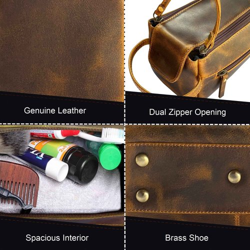 RUSTIC TOWN Leather Toiletry Bag for Men - Hygiene Organizer Travel Ditty Kit (Antique Brown)