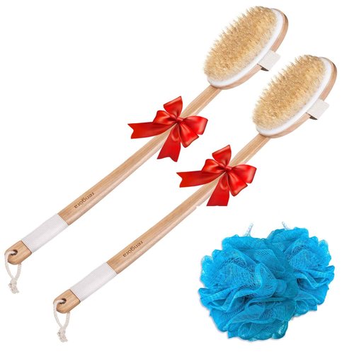 Shower Brush - 20 inch - Long Handle Bundle (set of 2 Bath Brushes + 2 Mesh Loofah Body Scrubs) for Men or Women