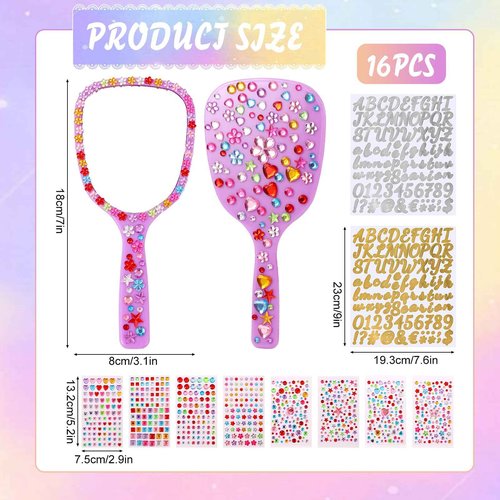 IWOLOMI 16 Pcs Small Handheld Hand Mirror with Handle Mini Handheld Princess Mirror with Gems Stickers for DIY Crafts Travel Makeup Classroom Camping Daily Quinceanera Party Favors 3. 15 x 7. 09 Inch