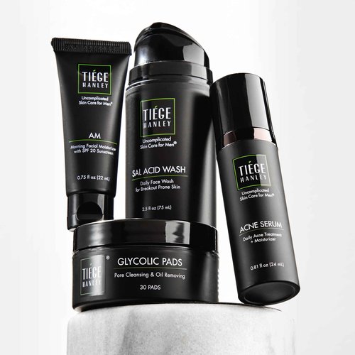 Tiege Hanley Acne Treatment Skin Care Set for Men, System Level 2, Tiegeclear Advanced Routine With Salicylic Acid Wash, Glycolic Acid Pads, Serum & Daily Moisturizer, Men’s Skin Care, 4 Piece Kit