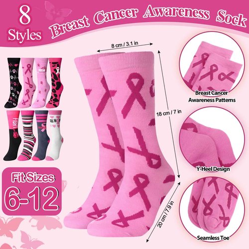 Dansydaisy 32 Pcs Breast Cancer Awareness Gifts Set Makeup Bags Bulk Pink Ribbon Socks Holiday to Do List Notepad Ballpoint Pens Keychain Breast Cancer Awareness Party Gifts