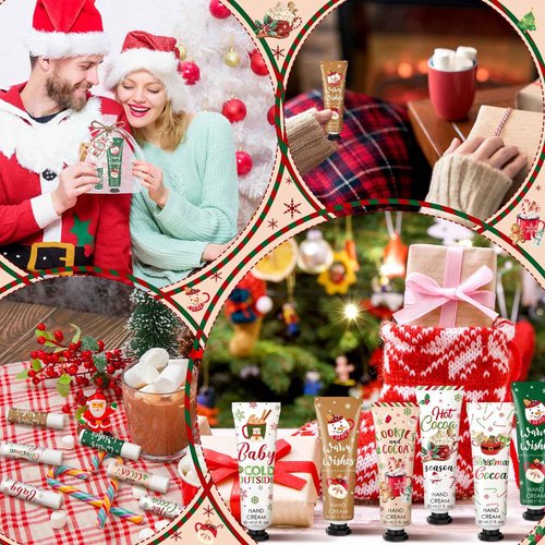 Demissle 24 Pcs Christmas Hot Cocoa Supplies Xmas Party Stuffers Christmas Stocking Favors Xmas Red Green Hand Cream and Lip Balm Gifts Set for Baby Shower Guests