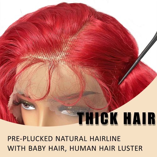 SOKU Red 13x6 Lace Frontal Wig 32 Inch Long Body Wave Pre Plucked with Baby Hair Glueless Transparent Swiss Lace Heat Resistant Synthetic Lace Front Wigs for Women Christmas Gift
