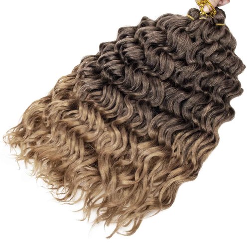 Ocean Wave Crochet Hair 18inch Deep Wave Curly Crochet Hair For Women,Ombre Hawaii Curly Braiding Hair Synthetic Bohemian Crochet Braid Water Wave Crochet hair Extensions (6Packs, T1B/27)