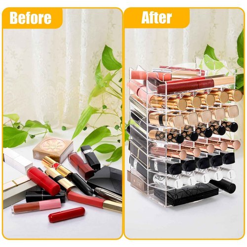 Tlence 64 Slots Rotating Lipstick Organizer, Acrylic Spinning Lipgloss Tower Holder, Clear Rotable Lip Gloss Organizer Case, Lip Stick Display Rack Stand, Cosmetic Makeup Accessories for Lip Balm