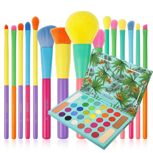 Docolor 15 Pcs Colourful Makeup Brush Set + 34 Colors Tropical Eeyshadow Palette Pigmented Matte Shimmer Metallic Blendable Soft Cream Powder Makeup Eye Shadow Palettes for Christmas Gift