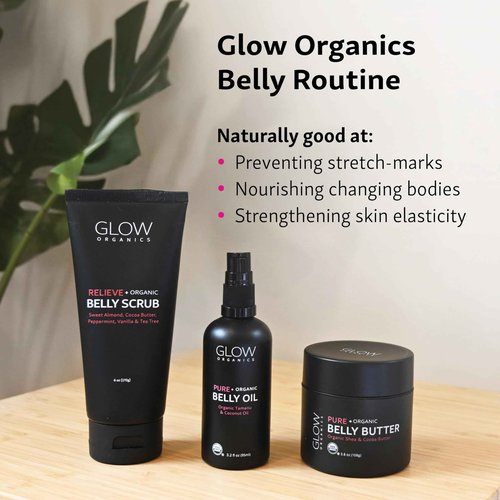 Glow Organics Stretch Mark Cream Belly Butter, Scrub and Oil, 3-Step Pregnancy Skin Care Kit, Belly Butter for Stretch Marks, Organic, Pregnancy & Baby Registry Must Haves, Mother To Be Gift.