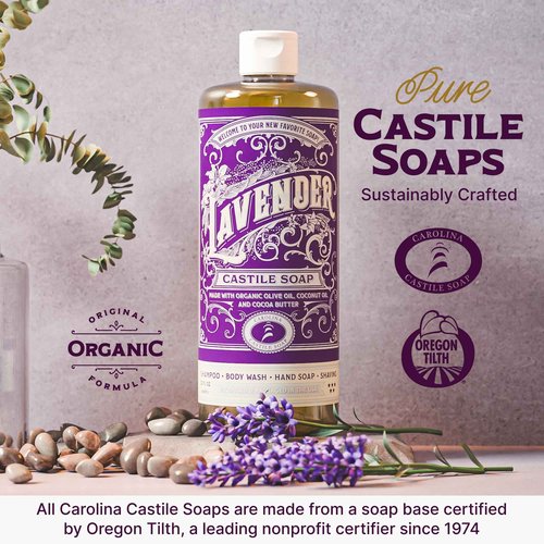 Carolina Castile Soap Lavender Scent – Certified Organic Base, High Olive Oil Content, Non-Drying, Made with Organic Oils, Concentrated Natural Body Wash for Men and Women (Lavender, 1 Gallon)