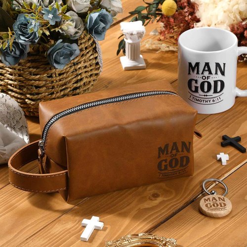 Shinylin 3 Pcs Pastors Man of God Gifts for Men Christian 11.2oz Inspirational Coffee Mug Religious Bible Verse Leather Toiletry Bag Scripture Keychain for Dad Church Baptism Souvenir Christmas