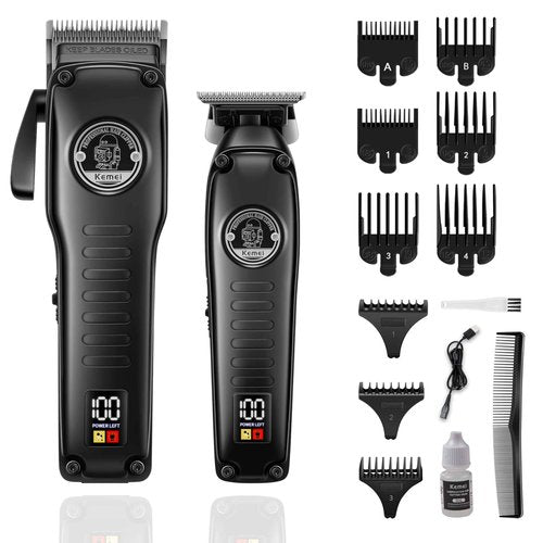 KEMEI 1827 Professional Hair Clippers for Men, Electric Beard Trimmer with Zero Gap T-Blade, Cordless Clippers and Trimmers Set with LED Display for Mens Gifts