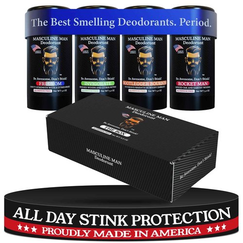 MASCULINE MAN Deodorant for Men - Aluminum Free Mens Deodorant - Travel Size Natural Deodorants - Sweat Protection for Underarm - Stain-Free Stick Deodorants - Made in USA, 3.2oz (Pack of 4, The Box)