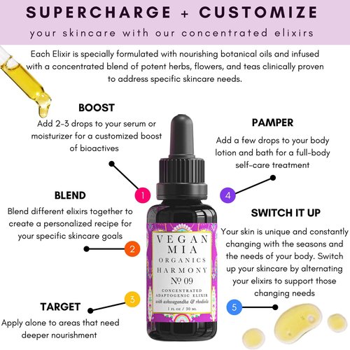 Vegan Mia - USDA Organic Harmony Adaptogen Elixir Face Oil - Face Moisturizer For Dry Skin, Blemishes, Redness & Fragrance Sensitivities - with Licorice, Ashwagandha, Rhodiola Root & More - 1 fl oz