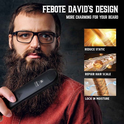 FEBOTE Heated Ionic Hair Straightening Brush for Men - 5 Temperature Settings, Anti-Scald, Beard Shaper & Travel Bag