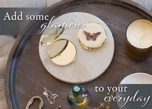 Cottage Garden Hand Painted Golden Metal Enamel Ornamental Vintage Hinged Lid Personal 3 Inch Makeup Beauty Double Sided Compact Travel Mirror with Bejeweled Crystals, Butterfly