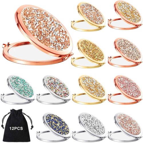Cindeer 12 Pcs Small Compact Mirror Folding Pocket Makeup Round Hand Held Cosmetic Magnifying Compact Rhinestone Mirror with 1X/2X Magnification for Women Girls Travel (Blended Colors)