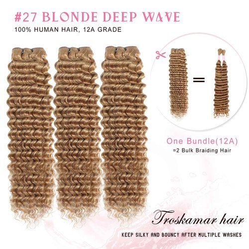 Troskamar Blonde Deep Wave Human Hair Bundles 12A #27 Colored Deep Curly Human Hair 3 Bundles 18 20 22 Inch Honey Blonde Wet and Wavy Bundle for Black Women