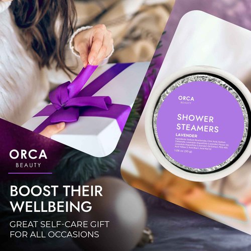 Orca Beauty 8-Pcs Shower Steamers Aromatherapy & Scented Candle - Birthday Self Care Relaxation Gifts for Women, Pampering Shower Bombs Aromatherapy, Spa Day Essentials, Christmas Purple Gift Bundle