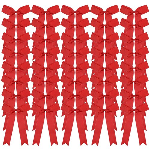 chiduerm 40Pcs Long Tail Skinny Cheer Bows Elastic Bands Handmade Grosgrain Ribbon Bows Collegiate Ponytail Holder for Girls Cheerleaders College Sports (red)