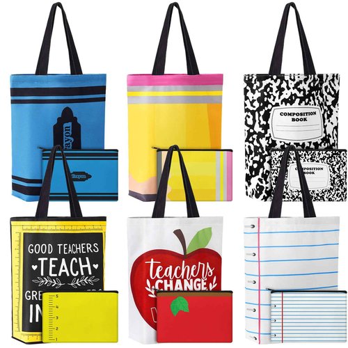 Paterr 12 Pcs Teacher Appreciation Gift Bulk 6 Pcs Canvas Tote Bag and Makeup Bag Thank You Present Bulk for Women Employee Coworker Office Supplies